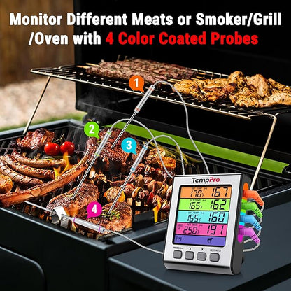 TempPro TP17H Digital Meat Thermometer with 4 Temperature Probes, HI/Low Alarm Smoker Food Thermometer with Colored Backlit LCD, BBQ Thermometer for Cooking Grill Kitchen Oven (Previously ThermoPro) - Image 2