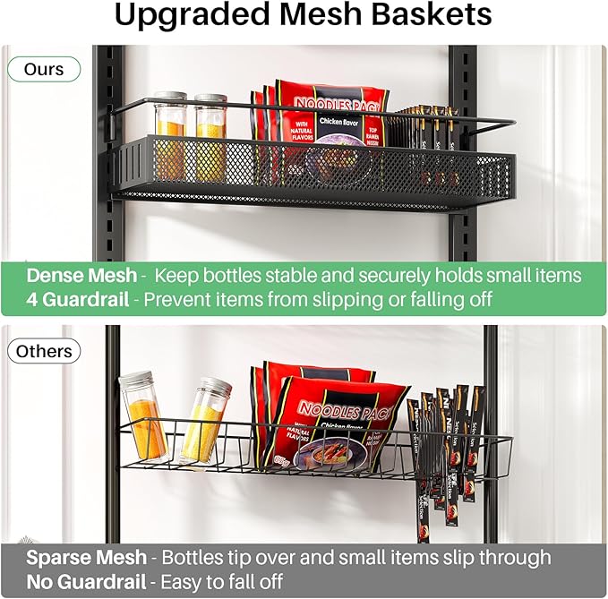 SNTD 8 Tiers Over the Door Organizer - Height Adjustable Pantry Organizers and Storage with Dense Mesh Baskets, Anti-Swing Hanging Door Spice Rack for Kitchen Bathroom (Black, 17" W x 6" D x 69" H) - Image 5