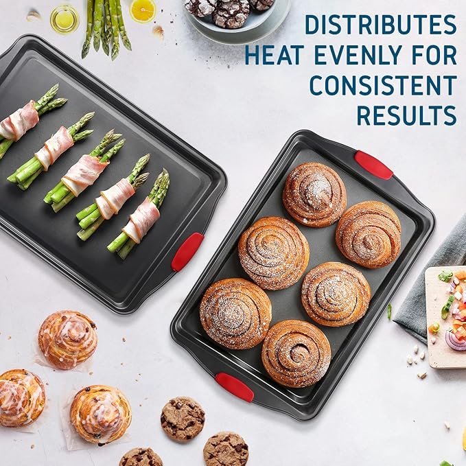 Baking Sheet Set, 2-Piece Large Cookie Sheet Set with Silicone Handles, Steel Baking Pan, Baking Sheets for Oven, BPA Free Nonstick Set, Half Sheet Pans, Black Baking Tray - Image 7