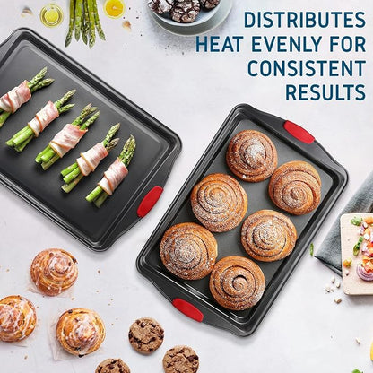 Baking Sheet Set, 2-Piece Large Cookie Sheet Set with Silicone Handles, Steel Baking Pan, Baking Sheets for Oven, BPA Free Nonstick Set, Half Sheet Pans, Black Baking Tray - Image 7