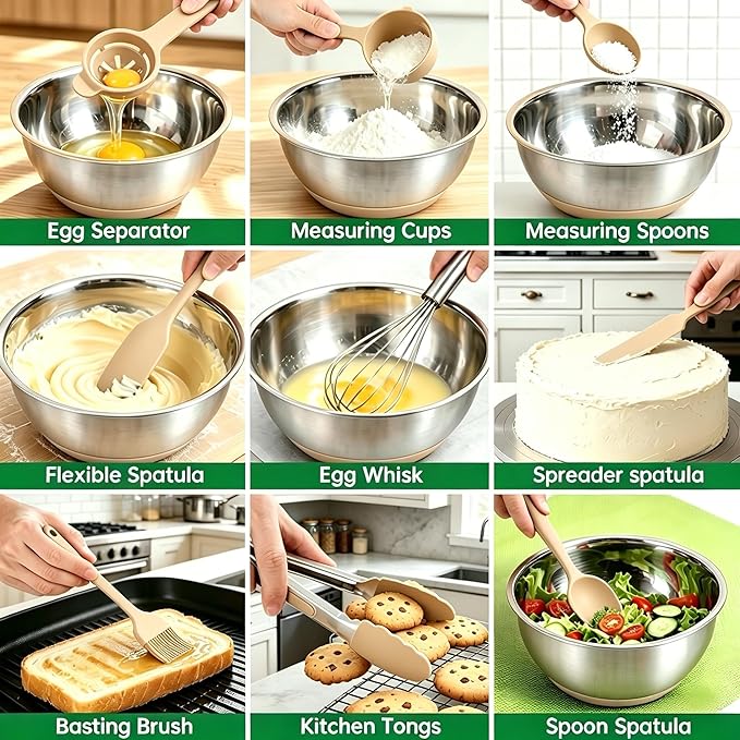 Deedro Premium Mixing Bowls with Airtight Lids Set, 22Pcs Thicker Stainless Steel Mixing Bowl Set, Large Prep Metal Bowls, Non-Slip Silicone Base Nesting Bowls for Kitchen, 1.5/2/3/4/5 QT, Khaki - Image 6