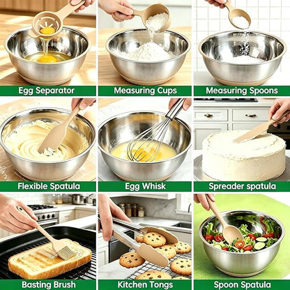 Deedro Premium Mixing Bowls with Airtight Lids Set, 22Pcs Thicker Stainless Steel Mixing Bowl Set, Large Prep Metal Bowls, Non-Slip Silicone Base Nesting Bowls for Kitchen, 1.5/2/3/4/5 QT, Khaki - Image 6