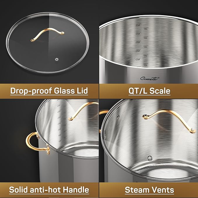 Ciwete Stock Pot 20 Quart, 3 Ply Stainless Steel Stock Pot with Lid, 20 Quart Soup Pot with Copper Handle, Healthy Stockpots, Induction, Oven, Gas and Dishwasher Safe - Image 8