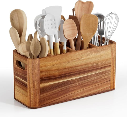 Utensil Holder for Kitchen Counter, Extra Large Utensil Holder for Countertop with 4 Compartments Wooden Cooking Utensil Organizer for Spatula Kitchen Storage, Acacia Wood