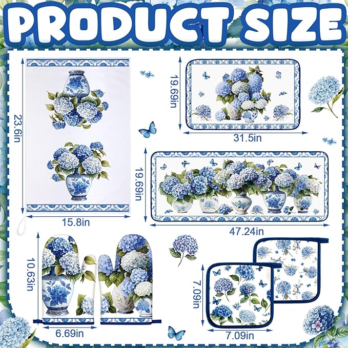 Fanfanwin 10 Pcs Chinoiserie Blue White Hydrangea Kitchen Decor Set Blue and White Chinese Floral Dish Towels Rugs Oven Mitts Pot Holders for Cooking Baking Mom Gift Home Hydrangea Decor
