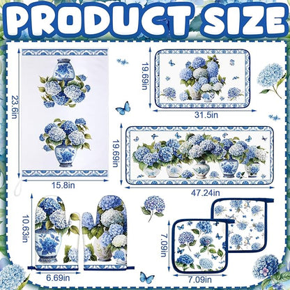 Fanfanwin 10 Pcs Chinoiserie Blue White Hydrangea Kitchen Decor Set Blue and White Chinese Floral Dish Towels Rugs Oven Mitts Pot Holders for Cooking Baking Mom Gift Home Hydrangea Decor