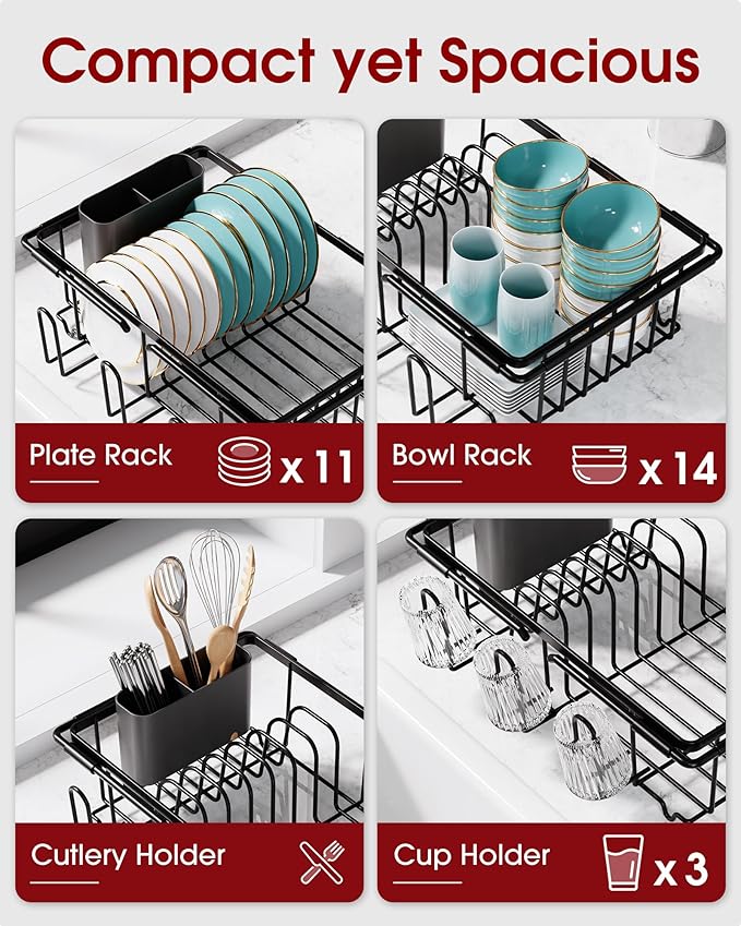 Sakugi Dish Drying Rack in Sink - Expandable Stainless Steel Dish Rack Over The Sink, Kitchen Sink Drain Strainer with Cutlery Holder & Cup Holders, 15.4 x 11.3 x 6.6 Inch, Black - Image 3
