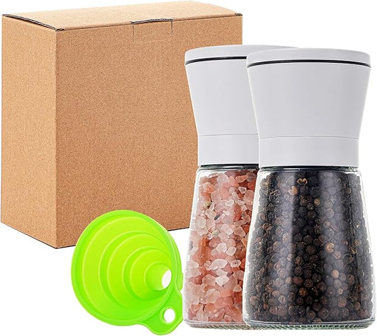 DAVIMADE White Salt and Pepper Grinder Set of 2,Manual Refillable Adjustable Ceramic Grinders, Stainless Steel Salt and Pepper Shakers,Short Glass Body W/Funnel