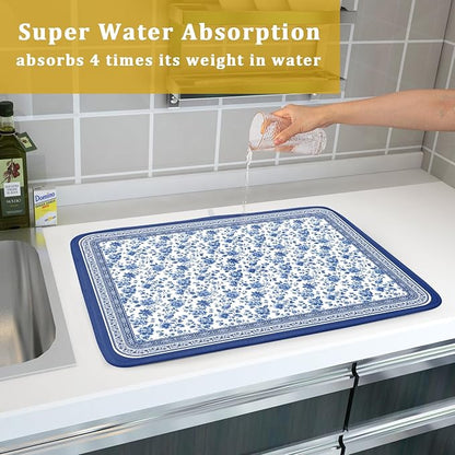 Blue Floral Branches Dish Drying Mat for Kitchen Counter Chinoiserie Pattern Dish Drying Pad 18x24 In Absorbent Vintage Flowers Decor Dishes Drainer Pad Dish Dry Rack Mat for Counter Coffee Bar