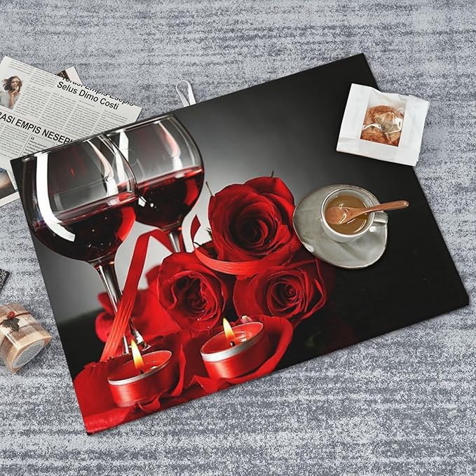 Red Wine Rose Candle Dish Drying Mat Red and Black Romantic Burgundy Blossom Floral Drying Rack Pad Countertop Dishes Ultra Absorbent Microfiber Kitchen Counter Mat 18x24 Inch