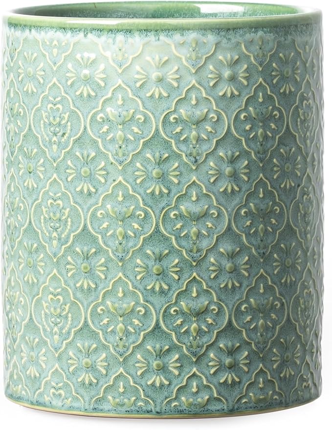 Kitchen Utensil Holder, 6x7 inch Large Ceramic Utensil Holder with Embossed Pattern, Cooking Utensil Crocks for Kitchen Countertop, Home Decor, Forest Green by MIKIGEY
