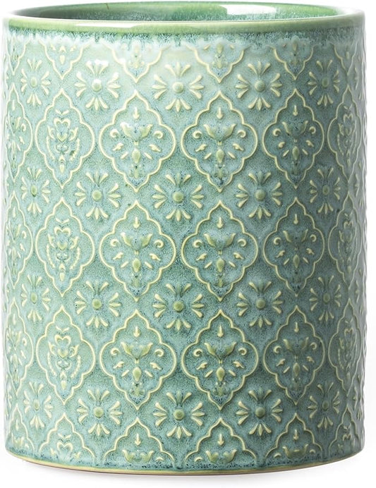 Kitchen Utensil Holder, 6x7 inch Large Ceramic Utensil Holder with Embossed Pattern, Cooking Utensil Crocks for Kitchen Countertop, Home Decor, Forest Green by MIKIGEY