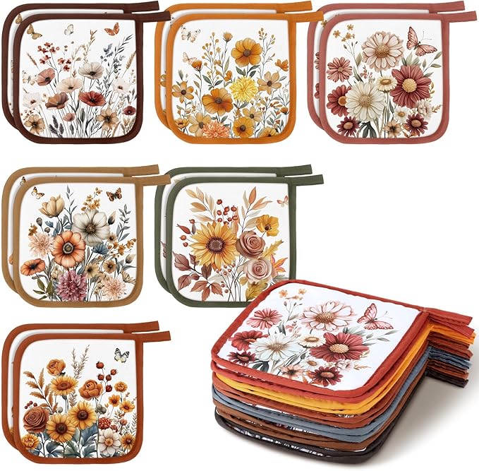 Bencailor 12 Pcs Pot Holders with Pocket Kitchen Hot Potholders Hot Pad Oven Mitts Cookie Bag Oven Gloves for Kitchen Gift Baking Cooking(Pastel,Flower)