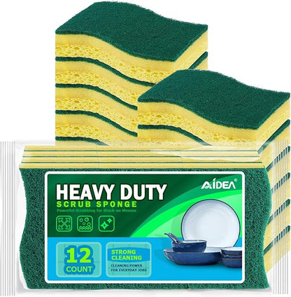 AIDEA Heavy-Duty Scrub Sponges, 12Count, Sponge for Non-Coated Cookware, Kitchen Sponges for Dishes, Scrubbing Power for Tough Messes, Cleaning Sponge for Kitchen, Bathroom, Household by AIDEAHOME