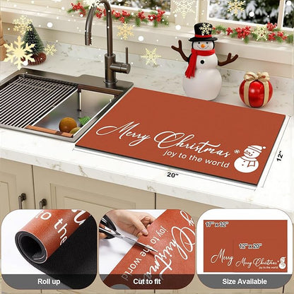 Findosom Christmas Dish Drying Mat, 12" x 20" Super Absorbent & Cuttable Dish Mat with Hello Sunshine Pattern, Hide Stain Drying Mat for Kitchen Counter Coffee Maker Dining Room Decoration, Red - Image 4