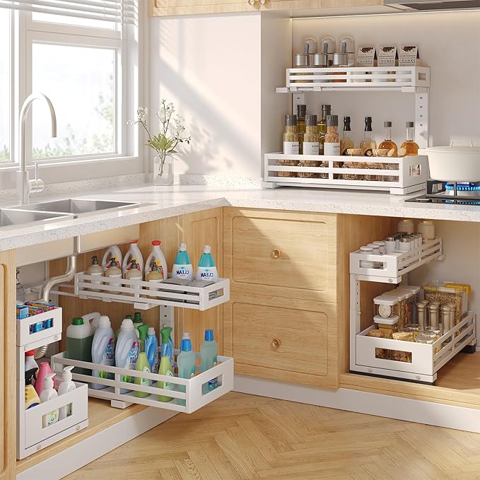 2-Pack 17"Deep Under Sink Organizer And Storage, 2-Tier L-Shaped Pull Out Cabinet Organizer with Upgraded Slide Rails, Height Adjustable Drawers for Kitchen&Bathroom, Extra-Large Storage Shelves–White - Image 6