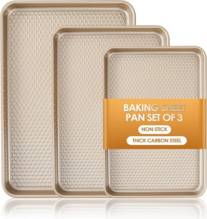 Baking Sheet Pan Set of 3, Nonstick Carbon Steel Cookie Sheets with Texture, Commercial Half/Quarter/Jelly Roll Pans Replacement Toaster Oven Tray, Heavy Duty & Easy Clean, Champagne Gold by Deedro