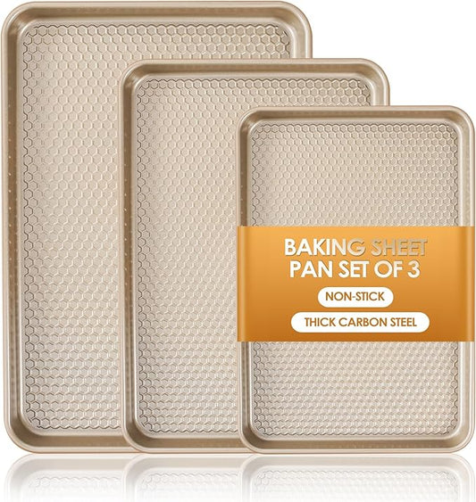 Baking Sheet Pan Set of 3, Nonstick Carbon Steel Cookie Sheets with Texture, Commercial Half/Quarter/Jelly Roll Pans Replacement Toaster Oven Tray, Heavy Duty & Easy Clean, Champagne Gold by Deedro