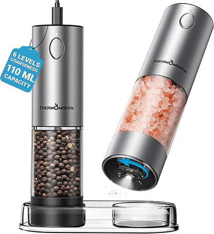 ThermoMaven Upgraded Larger Capacity Electric Salt and Pepper Grinder Set, 110ml Rechargeable Salt and Pepper Shaker with LED Light, 6 Adjustable Coarseness, Stainless Steel, Black & Silver by ThermoMaven