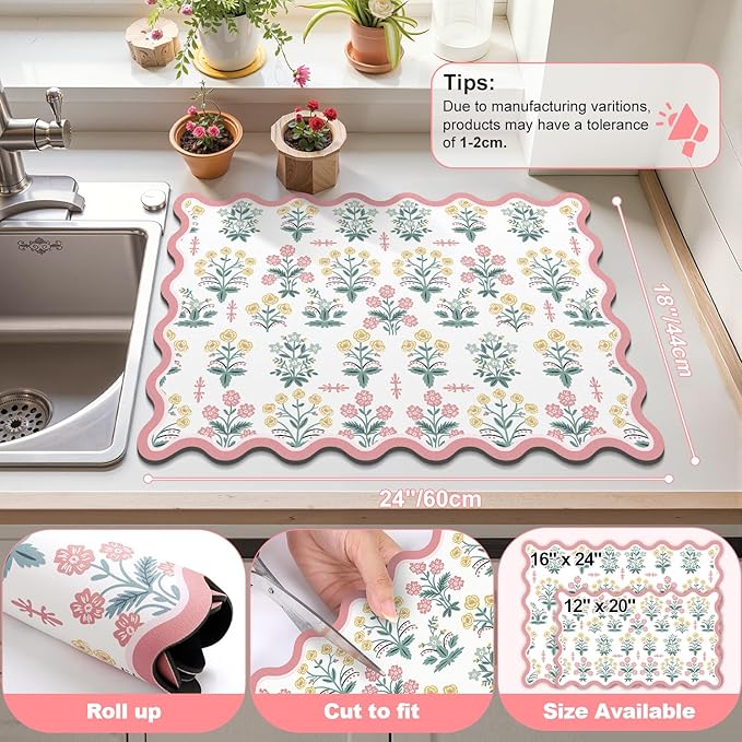 LOKHOM Scalloped Floral Dish Drying Mat, 18"x24" Super Absorbent Coffee Mat with Unique Pink Pastoral Floral, Cuttable Hide Stain Non-slip Drying Mat for Kitchen Counter Coffee Maker Espresso Machine - Image 2