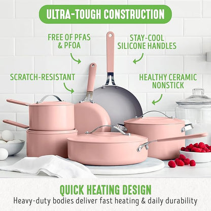 GreenLife 10-Piece Nonstick Ceramic Cookware Set, Lightweight Healthy PFAS-Free Pots & Pans with Lids, Dishwasher & Oven Safe, Durable Body, Silicone Stay-Cool Handles, Easy Release, Pink
