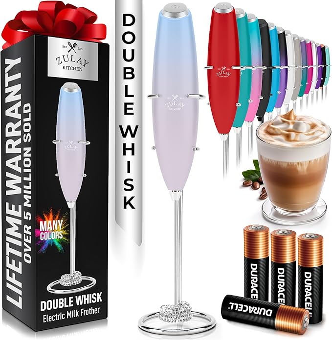 Zulay Kitchen Whisk Milk Frother with 4 Duracell Batteries - Powerful Handheld Foam Maker for Coffee, Lattes, Matcha, Hot Chocolate & Cappuccinos - Whip Creamy Froth in Seconds by ZulayKitchen