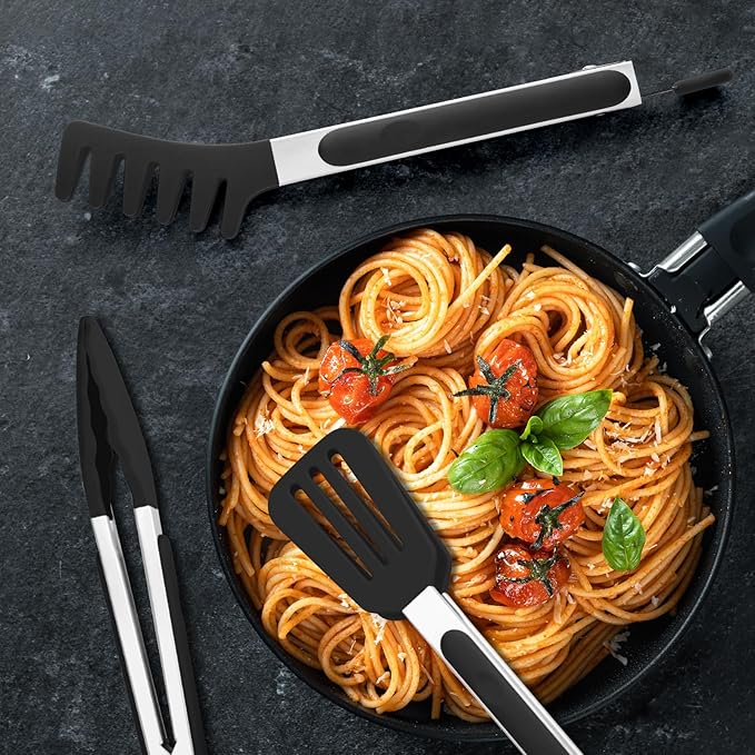 3 Pack Silicone Tongs for Cooking,Maywe Tanso 9 Inch Cooking Kitchen Tongs with Silicone Tips,Nonstick Stainless Steel Tongs for Steak Pie Pizza Pasta Spaghetti Salad BBQ Buffet - Image 5