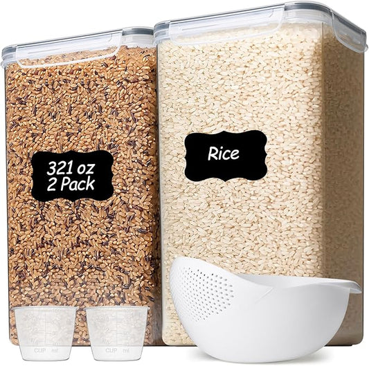 ComSaf Rice Container Set of 2(9.5L/10Qt), Large Airtight Food Storage Containers with Lid and Rice Washer, Plastic Canisters Sets for The Kitchen, Pantry Organizers for Flour, Cereal and Cooking by ComSaf