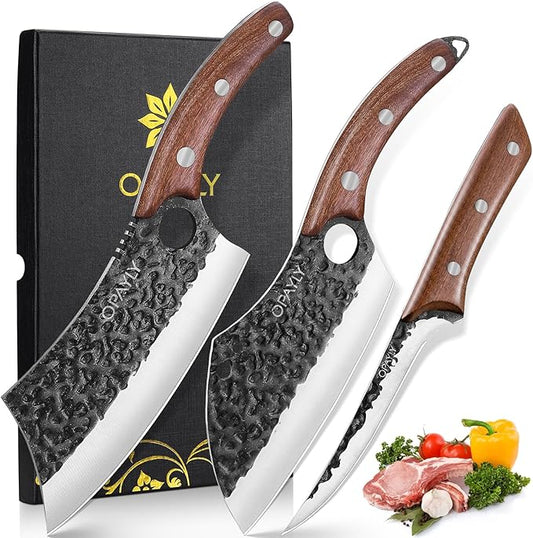 3PCS Hand Forged Butcher Knife Set Meat Cleavers, Serbian Chef Knife Viking Boning Knife High Carbon Steel Kitchen Knife for Meat Cutting, Outdoor BBQ Vegetable Camping, Gift for Men