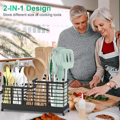 TomCare Utensil Holder with Water Absorbent Diatomite Stone 3 Removable Dividers Large Silverware Organizer Sturdy Cooking Utensils Organizer Caddy Metal kitchen Organizers and Storage for Counter