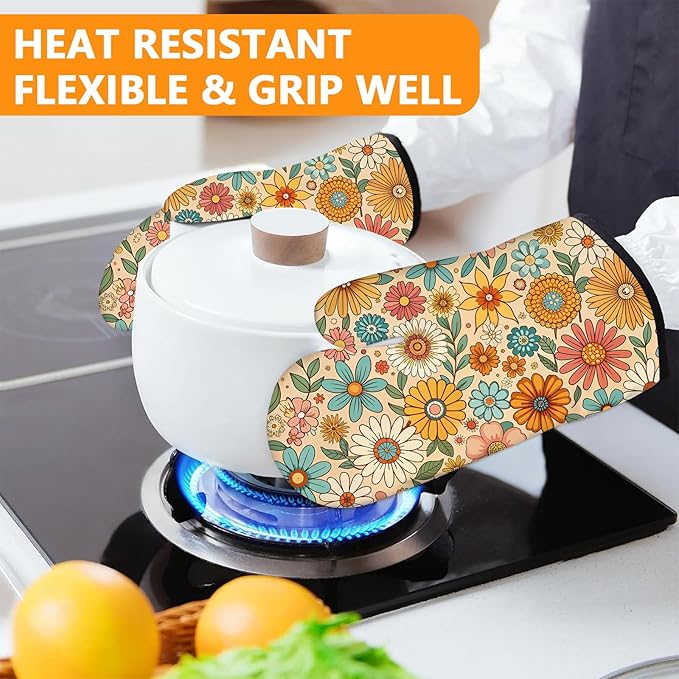 Boho Floral Oven Mitts and Pot Holders Sets 4Pcs,Extra Long Oven Gloves Potholder for Kitchen Cooking Baking BBQ 100% Cotton Heat Resistant - Image 6