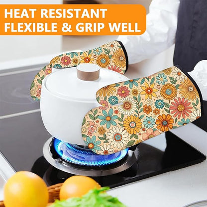 Boho Floral Oven Mitts and Pot Holders Sets 4Pcs,Extra Long Oven Gloves Potholder for Kitchen Cooking Baking BBQ 100% Cotton Heat Resistant - Image 6