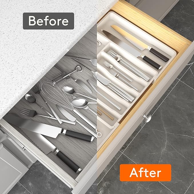 Lifewit Silverware Drawer Organizer, Expandable Utensil Tray for Kitchen, BPA Free Flatware and Cutlery Holder, Adjustable Plastic Storage for Spoons Forks Knives, 13-22 x 15", White - Image 4