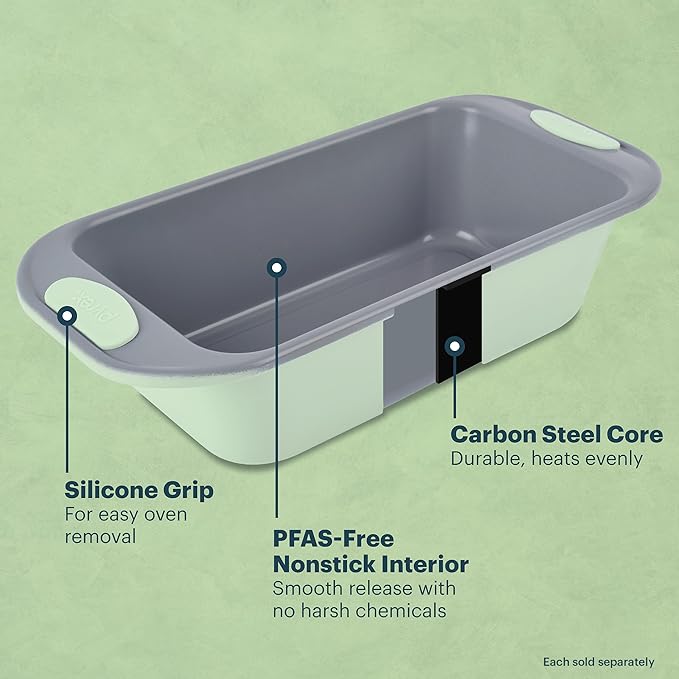 Pyrex 3-Piece Metal Cookie Sheet Bakeware Set, Lightweight Stainless Steel Baking Trays with Heatsafe Silicone Handles, Cookie Sheet Baking Pan, Sage