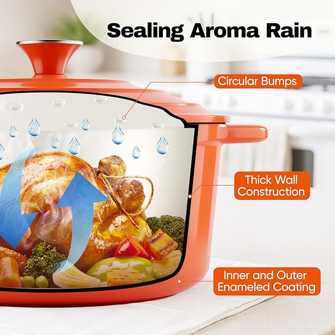 4.5 Quart Dutch Oven Pot with Lid, Non Stick Enameled Cast Iron Dutch Oven for Bread Baking, Heavy-Duty, Oven Safe Ceramic Cookware Up to 500°F for Baking, Braising, Stews, Roasting, Orange - Image 6
