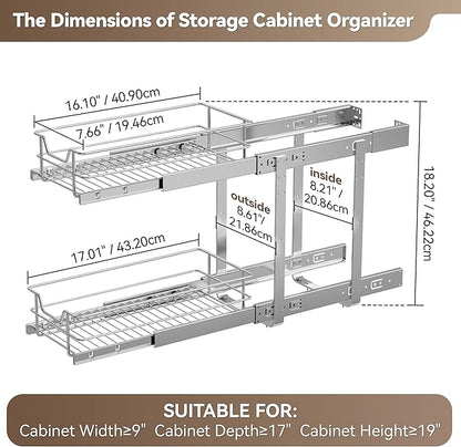 2 Tier Pull Out Cabinet Organizer 9" W X 17" D, Slide Out Drawers For Kitchen Cabinets, Pull Out Drawers For Cabinets Capacity Heavy Duty Caddy, Cabinet Pullout Shelves Chrome-Plated,Bathroom Pantry - Image 2