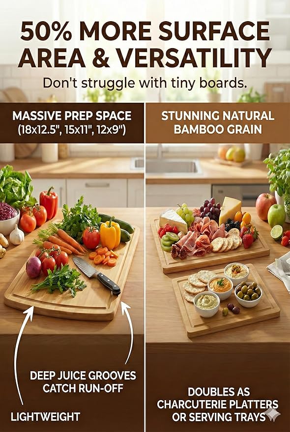 GREENER CHEF Glue-Free Surface Organic Bamboo Wood Cutting Board 3-Piece Set – Non Toxic Cutting Board Set – Lightweight, Heavy Duty Wooden Serving Boards for Charcuterie - Safer Family Meal Prep - Image 5
