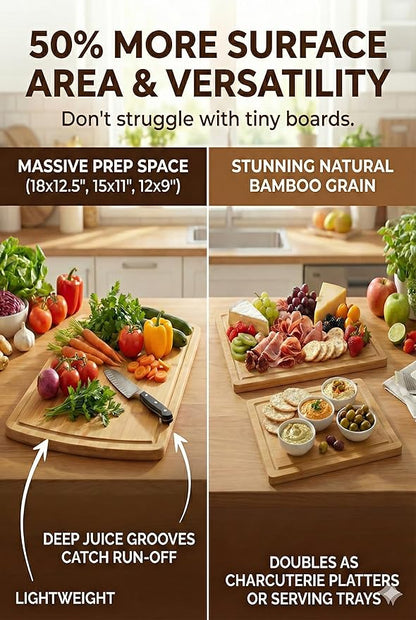 GREENER CHEF Glue-Free Surface Organic Bamboo Wood Cutting Board 3-Piece Set – Non Toxic Cutting Board Set – Lightweight, Heavy Duty Wooden Serving Boards for Charcuterie - Safer Family Meal Prep - Image 5