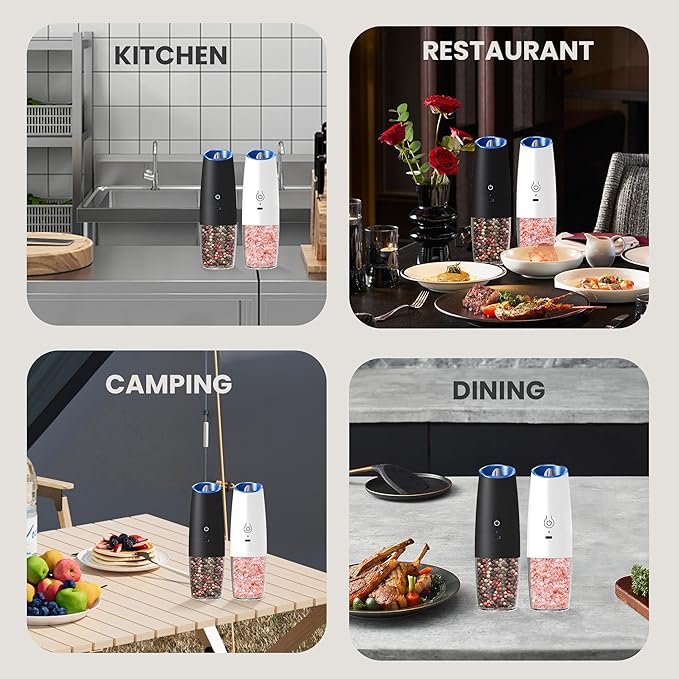Rechargeable Salt And Pepper Grinder Set with LED Light, Automatic Electric Gravity Salt And Pepper Shakers Set, No Battery Needed, Adjustable Roughness, 2 Pack (Black+White) - Image 7