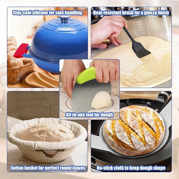 6QT Enameled Cast Iron Dutch Oven for Bread Baking – Sourdough Starter Kit with Cotton Basket, Bread Sling, Lame, Brush & Handle Cover – Multi-Purpose Pot for Baking, Frying, Braising – Blue