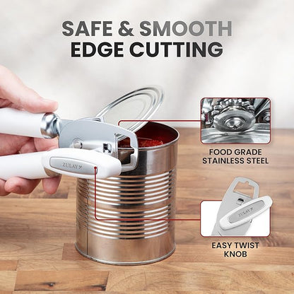 Zulay Kitchen Heavy Duty Stainless Steel Can Opener Manual with Bottle Opener - Rust Proof Manual Can Opener With Turn Knob & Comfy Soft Grip Handles - White - Image 4