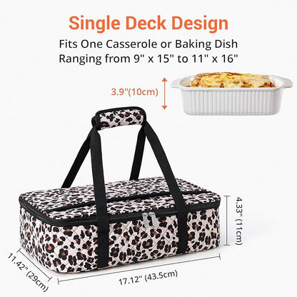 Insulated Casserole Carrier Portable Food Tote for Hot or Cold – Fits 9"x13" Baking Dish, Lasagna Holder for Parties, Picnic, Travel, Beach - Leopard Print