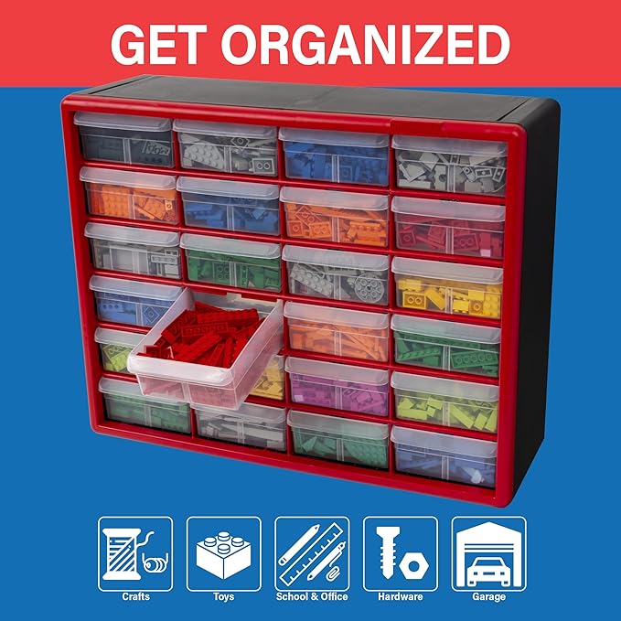 Akro-Mils 24-Drawer Plastic Drawer Storage Cabinet for Garage Organization, Bead Organizer, Building Bricks Storage, Teacher Toolbox, Makeup Organizer, 20" W x 6" D x 16" H, 10124 Red - Image 4