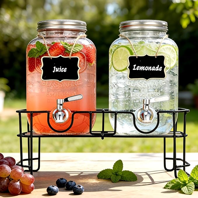 1 Gallon Glass Beverage Dispenser, 2 Pack Glass Drink Dispensers for ies with Stand, Lid&Stainless Steel Spigot, Lemonade Dispenser With Ice Cylinder for Weddings, Sun Tea Jar, Juice Dispensers - Image 2