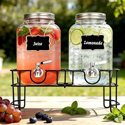 1 Gallon Glass Beverage Dispenser, 2 Pack Glass Drink Dispensers for ies with Stand, Lid&Stainless Steel Spigot, Lemonade Dispenser With Ice Cylinder for Weddings, Sun Tea Jar, Juice Dispensers - Image 2