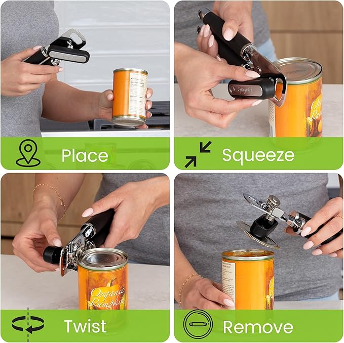 Spring Chef Stainless Steel Can Opener - Manual with Soft Grip Handles, Easy Turn, Heavy Duty Hand Can Openers for Seniors with Smooth Edge - Magnetic Lid Remover - Black - Image 8