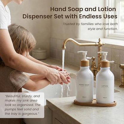 MaisoNovo Soap Dispenser Bathroom Set of 2-16.9 oz Bathroom Soap Dispenser Set - White Plastic Bottles x 2 with White Bamboo Pumps & Tray