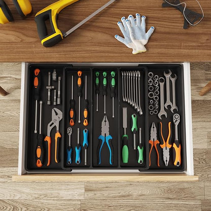 Lifewit Utensil Organizer for Kitchen Drawers, Expandable Cooking Utensil Tray, Adjustable Cutlery Silverware Flatware Holder, Plastic Spatula Tools Storage Divider, 16- 28 x 18.5", Black - Image 9