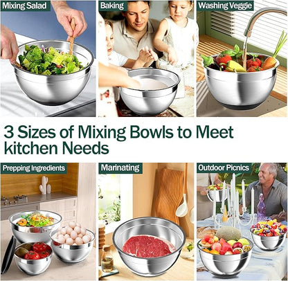 Nicdiet Mixing Bowls with Airtight Lids, Stainless Steel Mixing Bowl Set with 3 Metal Nesting Bowls, Colander & Grater, Non-Slip Bottoms, Size 1.5, 2.5, 5 QT, Great for Mixing & Serving, Black - Image 6