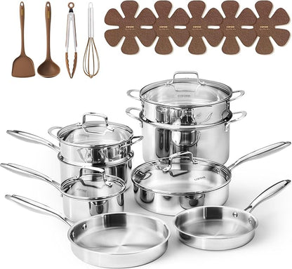 CAROTE 21pcs Tri-Ply Stainless Steel Cookware Set, Pots and Pans Set, Non Toxic Induction Kitchen Cooking Sets, Cookware Collection, Mirror Polish, Silver by CAROTE